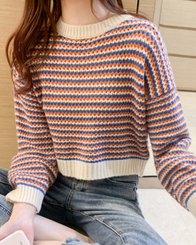 Stripe lazy autumn short Korean style loose sweater for women