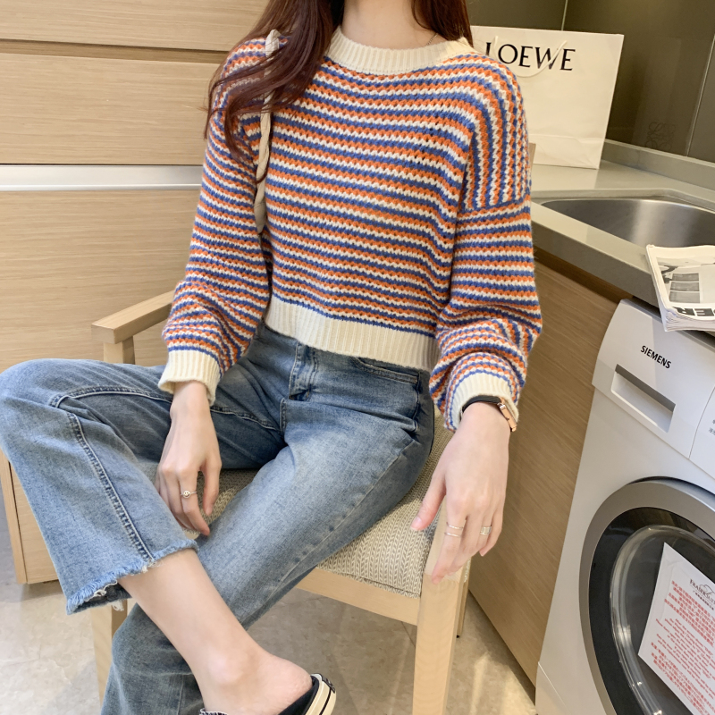 Stripe lazy autumn short Korean style loose sweater for women