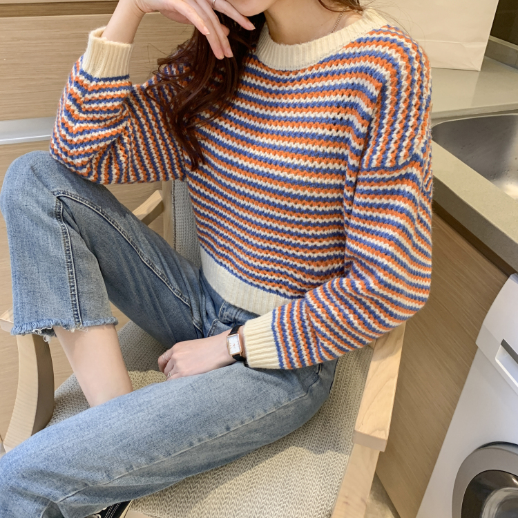 Stripe lazy autumn short Korean style loose sweater for women