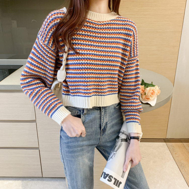 Stripe lazy autumn short Korean style loose sweater for women