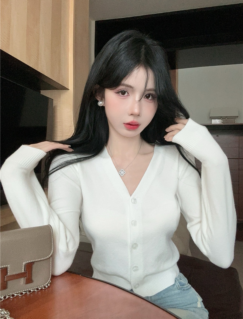 V-neck thin tops autumn bottoming shirt