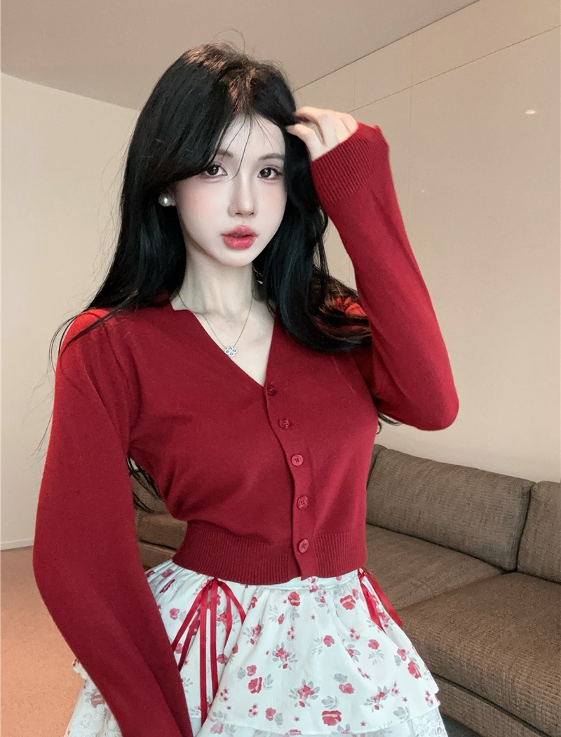 V-neck thin tops autumn bottoming shirt