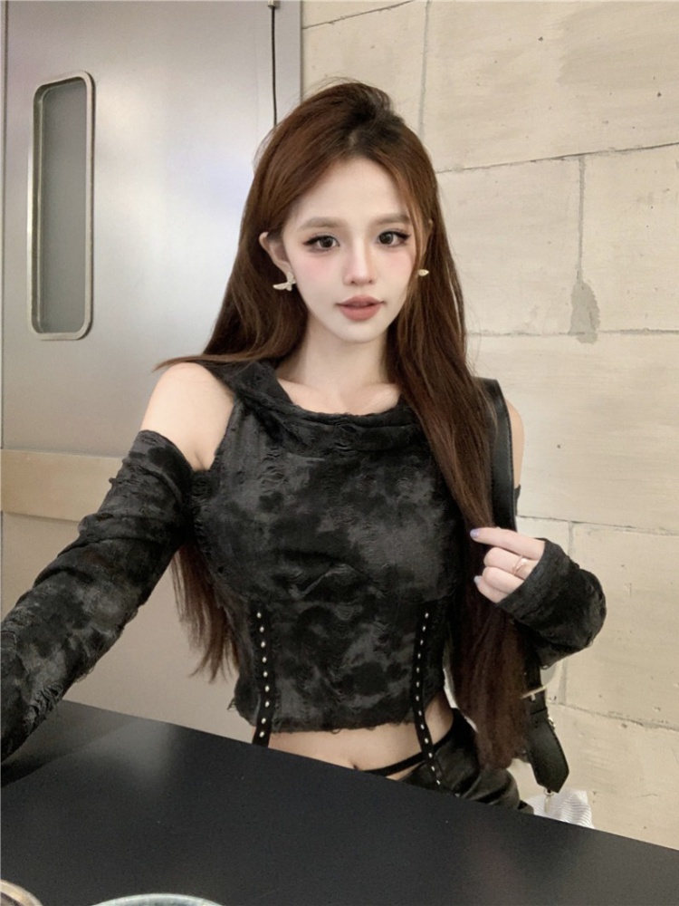 Worn high waist T-shirt long sleeve tops for women