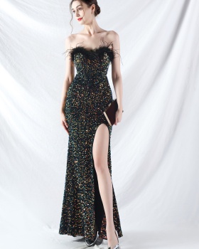 Sequins ostrich hair waistcoat court style evening dress