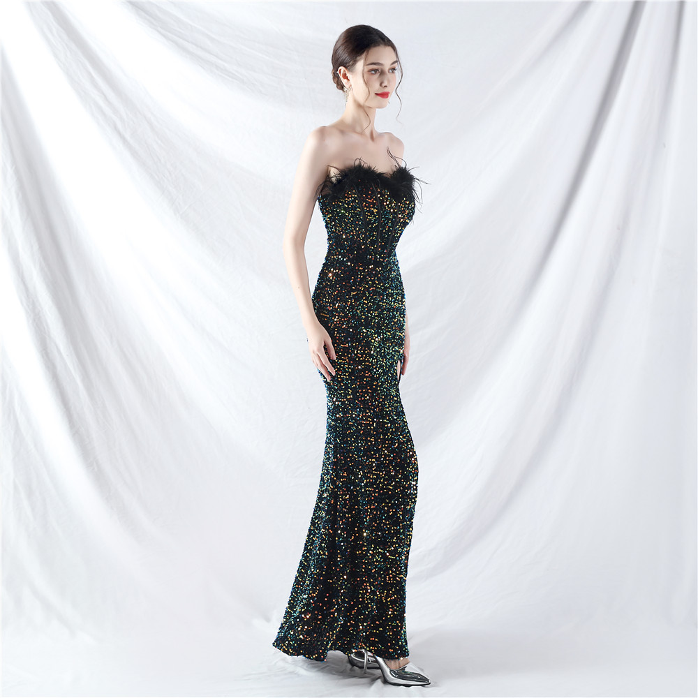 Sequins ostrich hair waistcoat court style evening dress