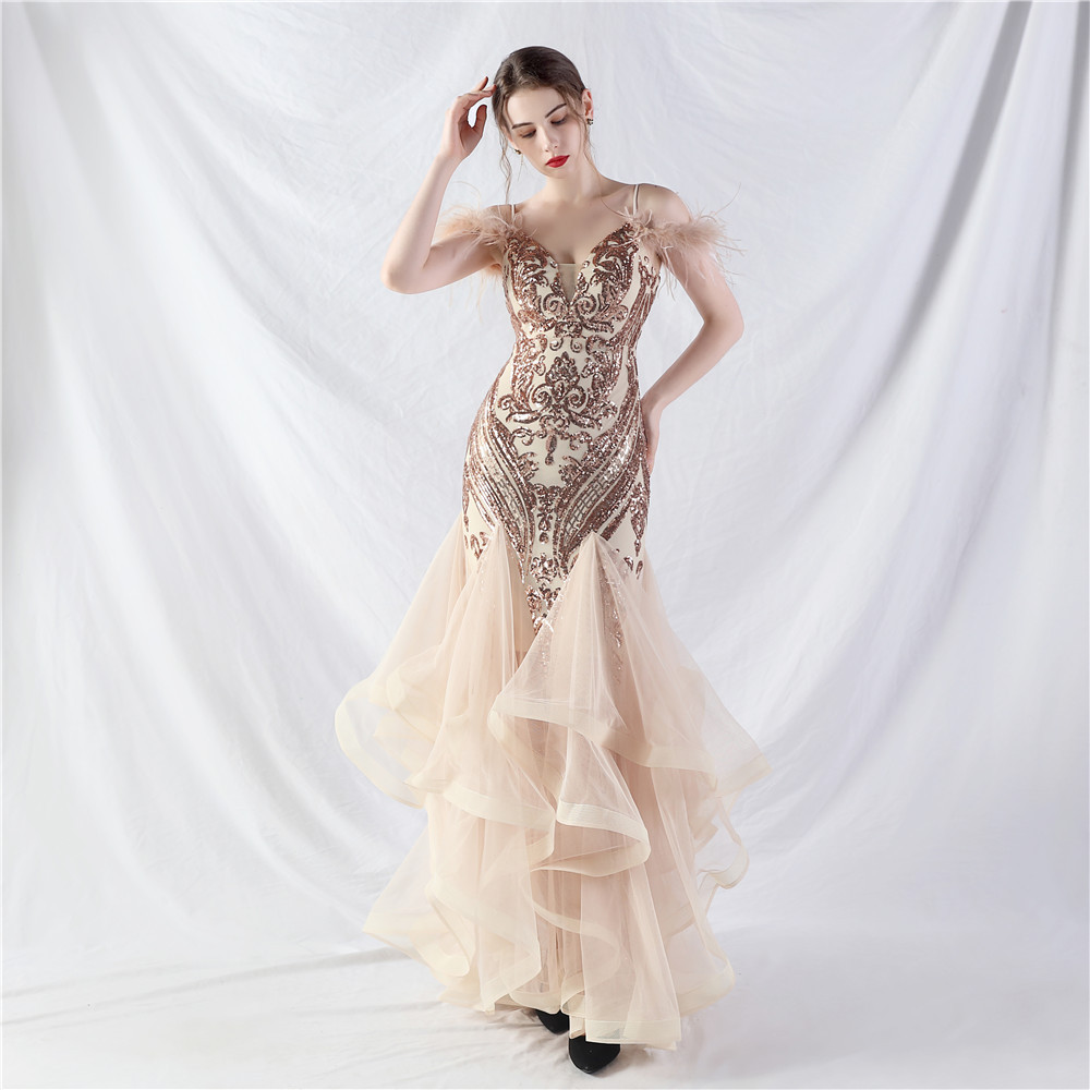 Sequins splice show gauze colors hard evening dress