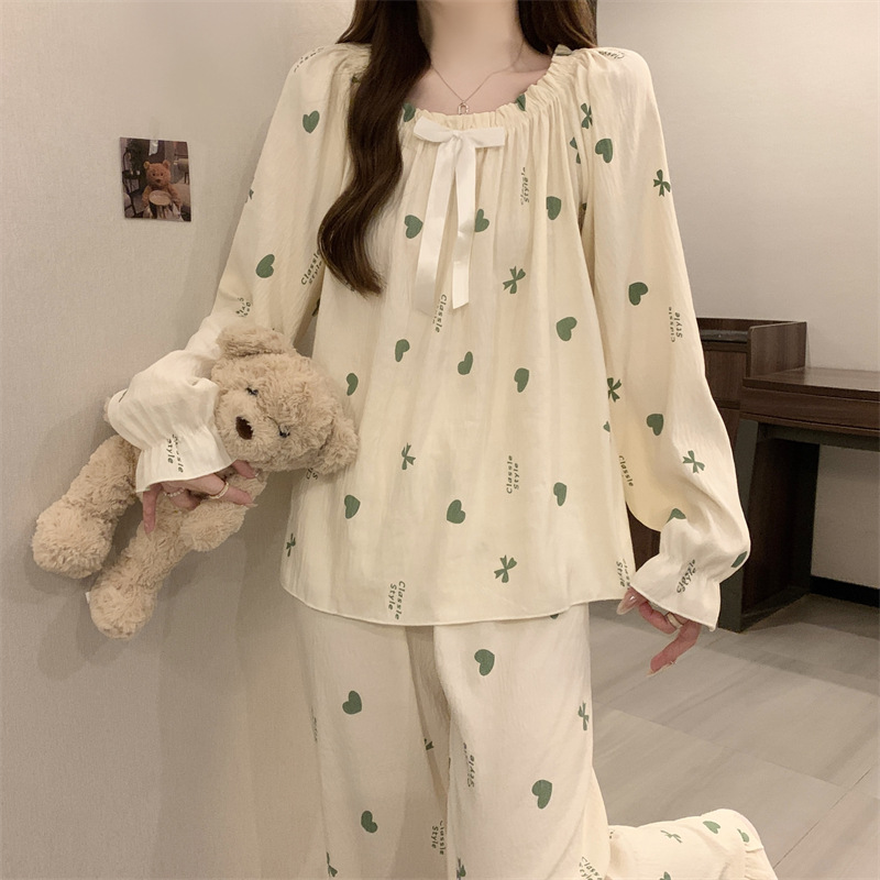 Cotton long pants horizontal collar pajamas 2pcs set