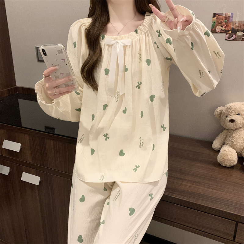 Cotton long pants horizontal collar pajamas 2pcs set