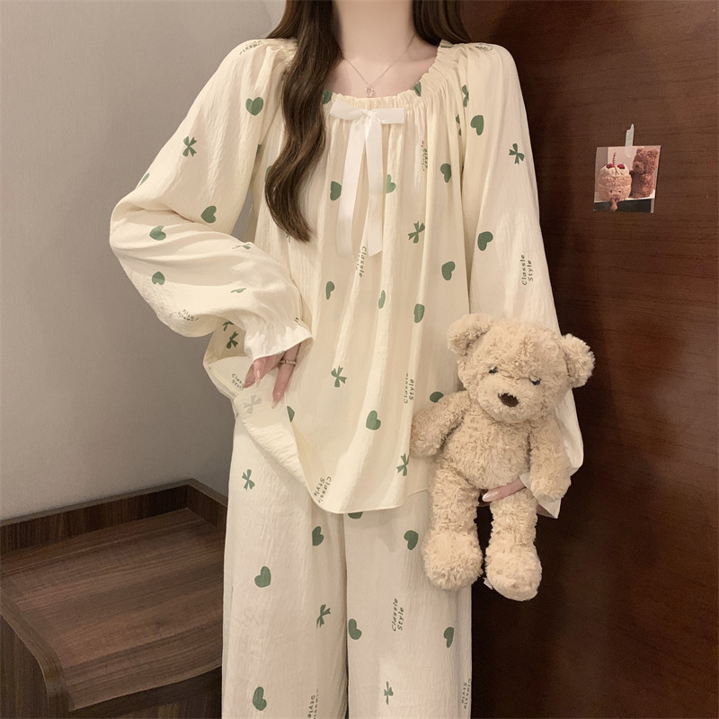 Cotton long pants horizontal collar pajamas 2pcs set