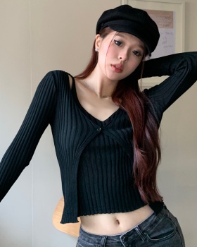 Pseudo-two autumn slim sweater niche short long sleeve tops