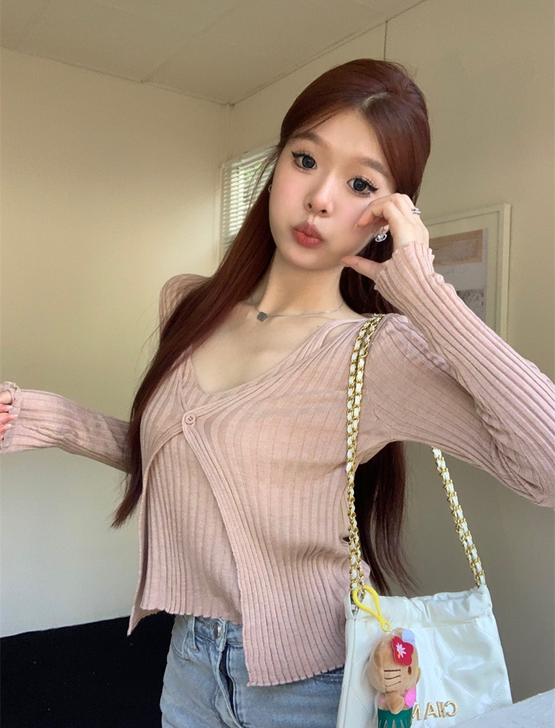 Pseudo-two autumn slim sweater niche short long sleeve tops