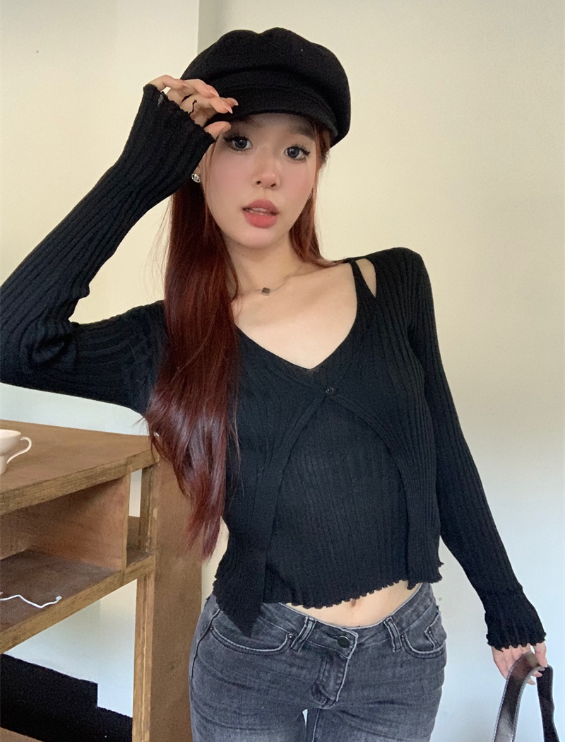 Pseudo-two autumn slim sweater niche short long sleeve tops