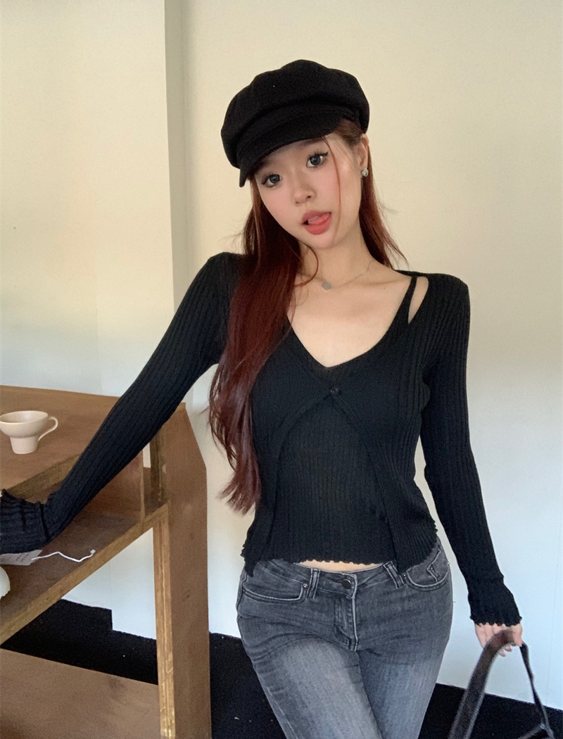 Pseudo-two autumn slim sweater niche short long sleeve tops