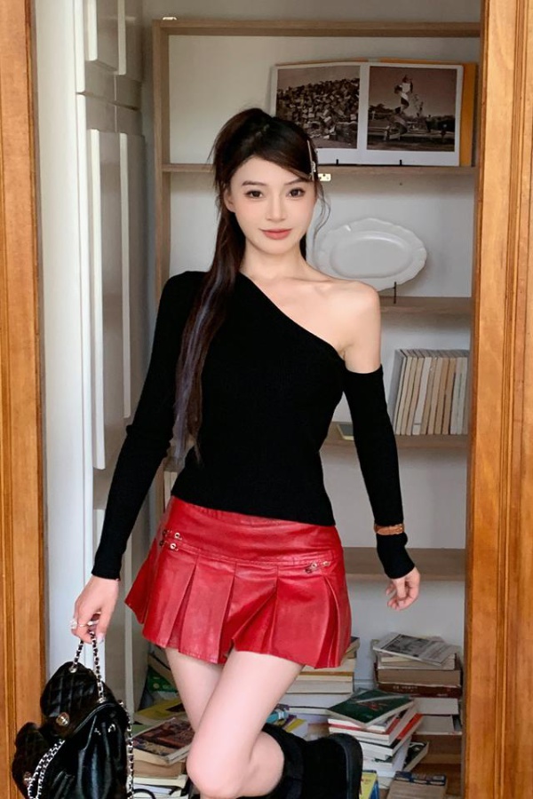 Sloping shoulder sweater temperament tops 2pcs set