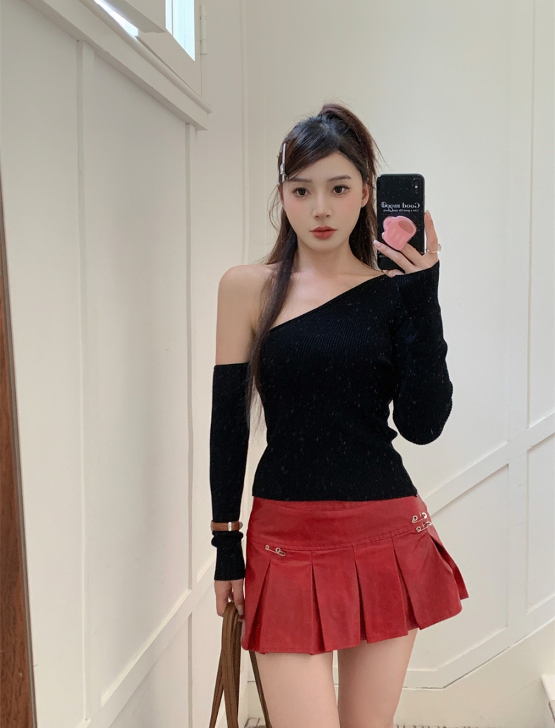 Sloping shoulder sweater temperament tops 2pcs set