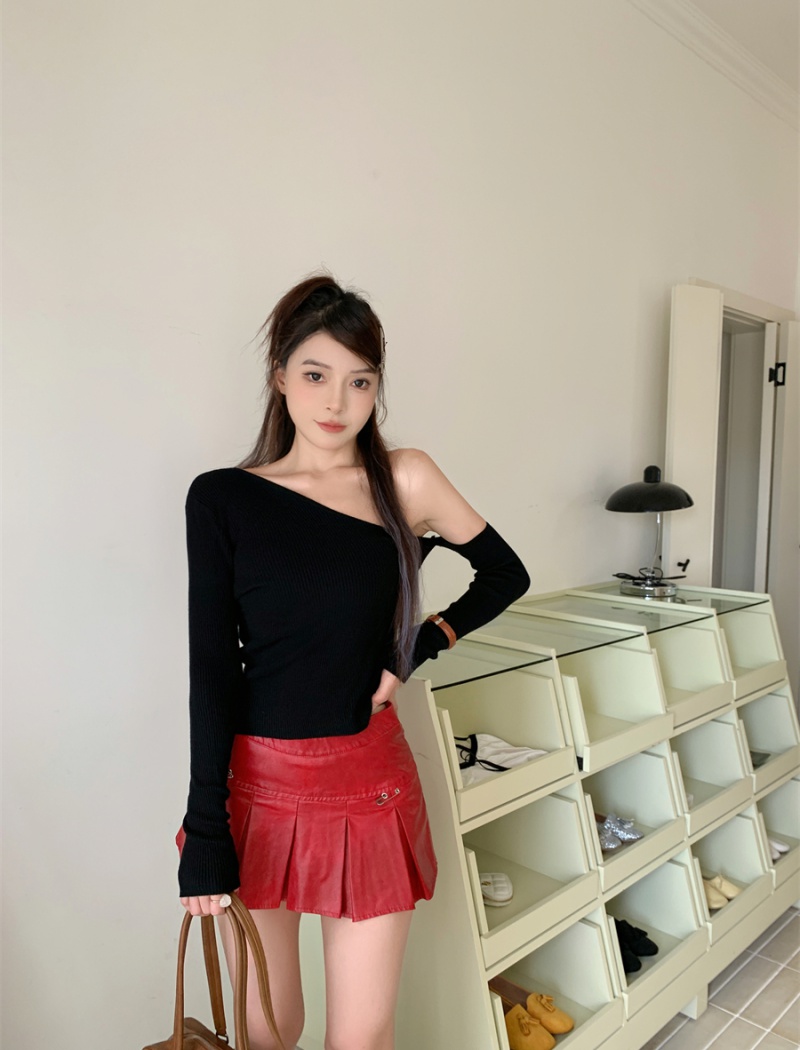 Sloping shoulder sweater temperament tops 2pcs set