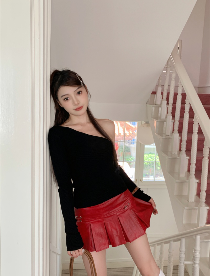 Sloping shoulder sweater temperament tops 2pcs set