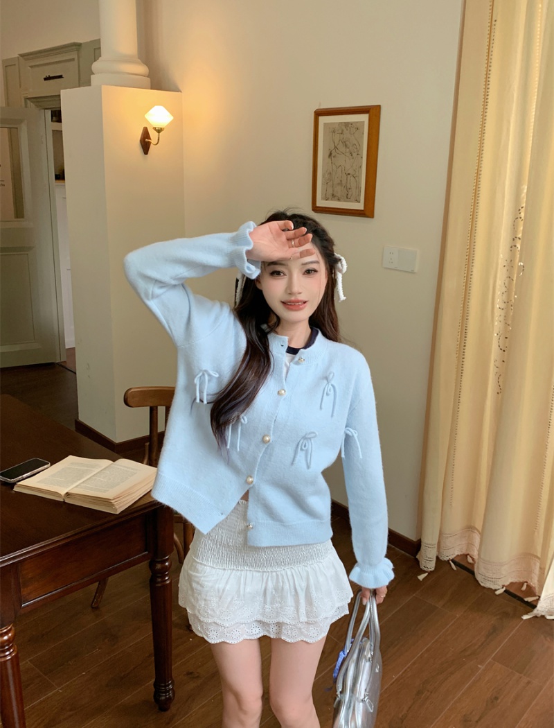 Knitted unique bow cardigan autumn blue sweater