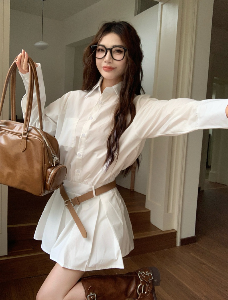 Slim pinched waist dress long sleeve white shirt