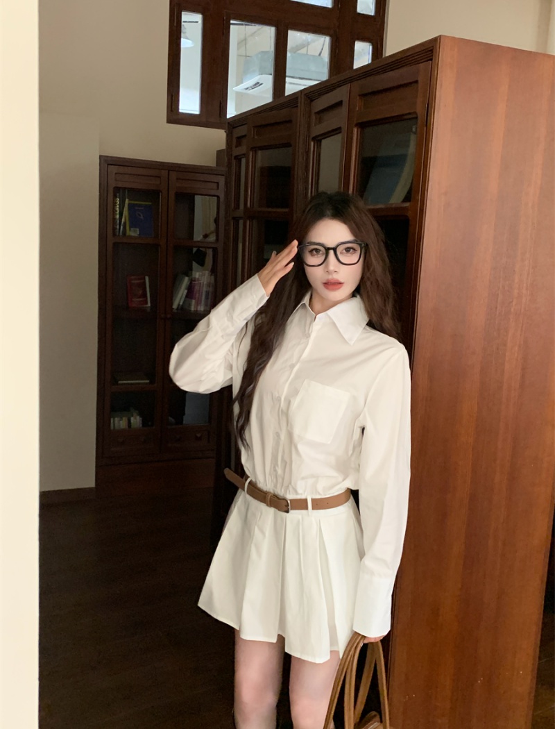 Slim pinched waist dress long sleeve white shirt