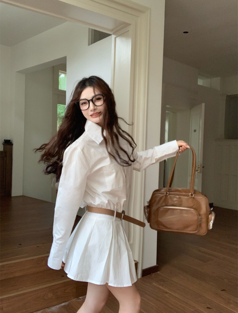 Slim pinched waist dress long sleeve white shirt