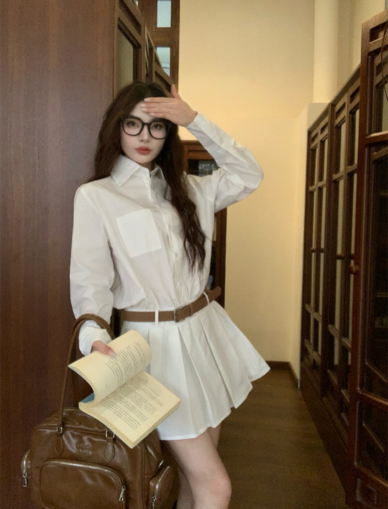 Slim pinched waist dress long sleeve white shirt