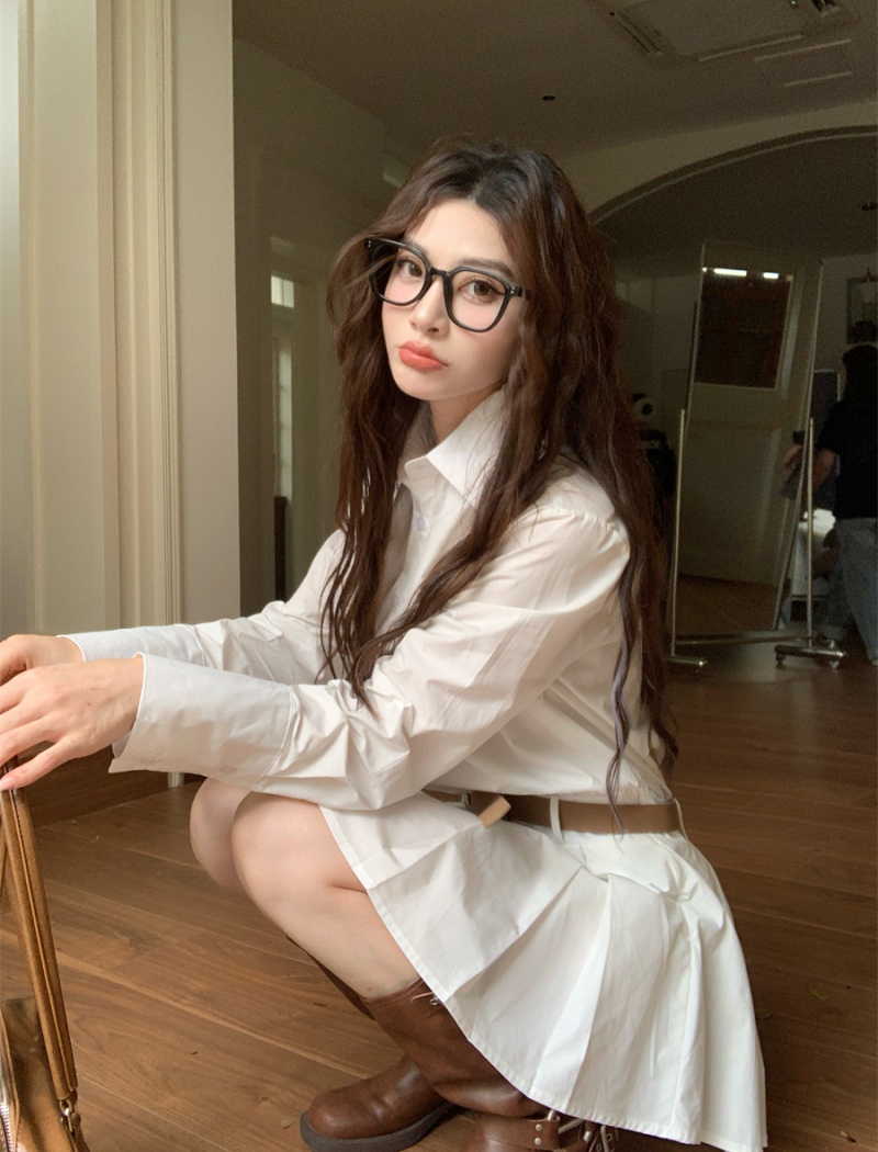 Slim pinched waist dress long sleeve white shirt