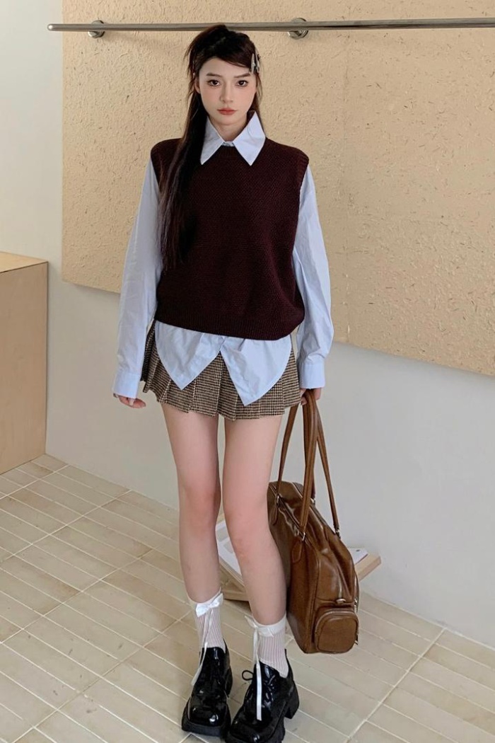 Autumn loose knitted shirt Korean style slim waistcoat 2pcs set