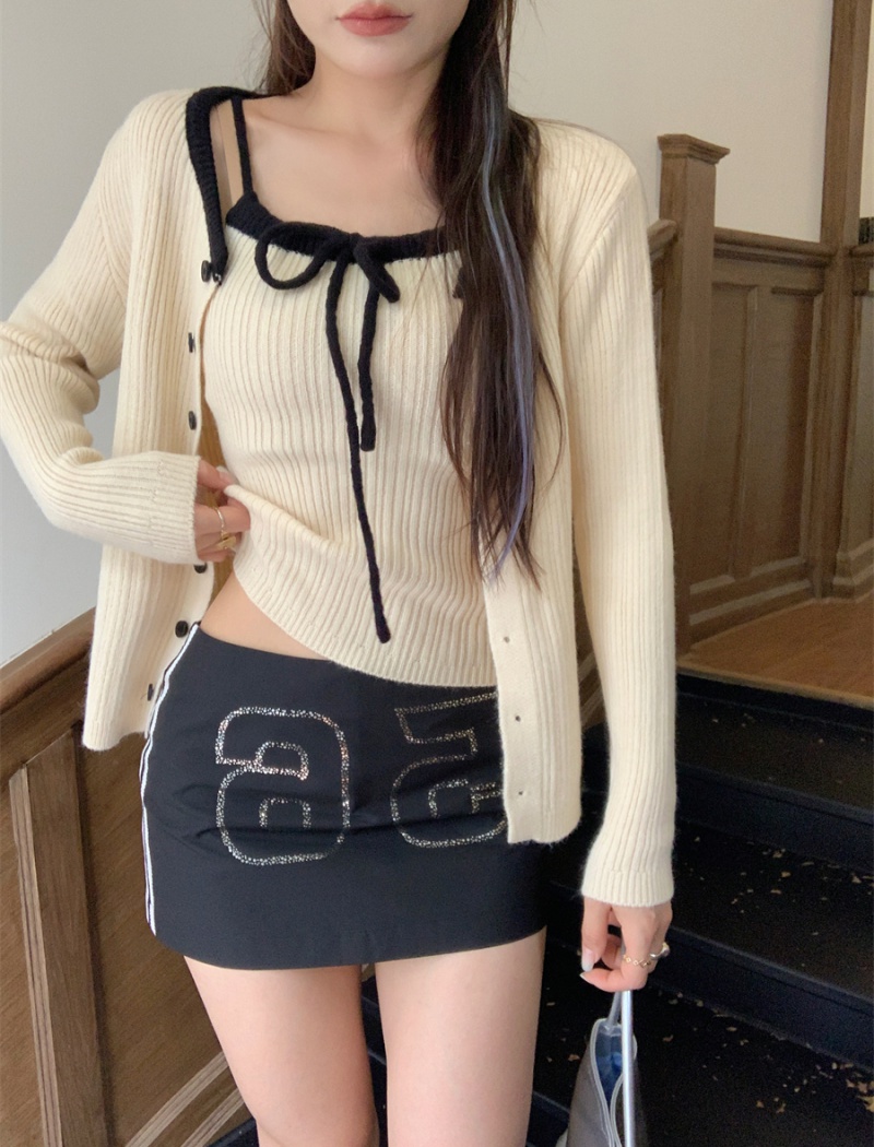 Knitted small sling Korean style cardigan a set