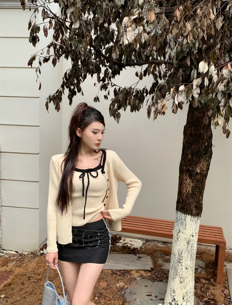 Knitted small sling Korean style cardigan a set