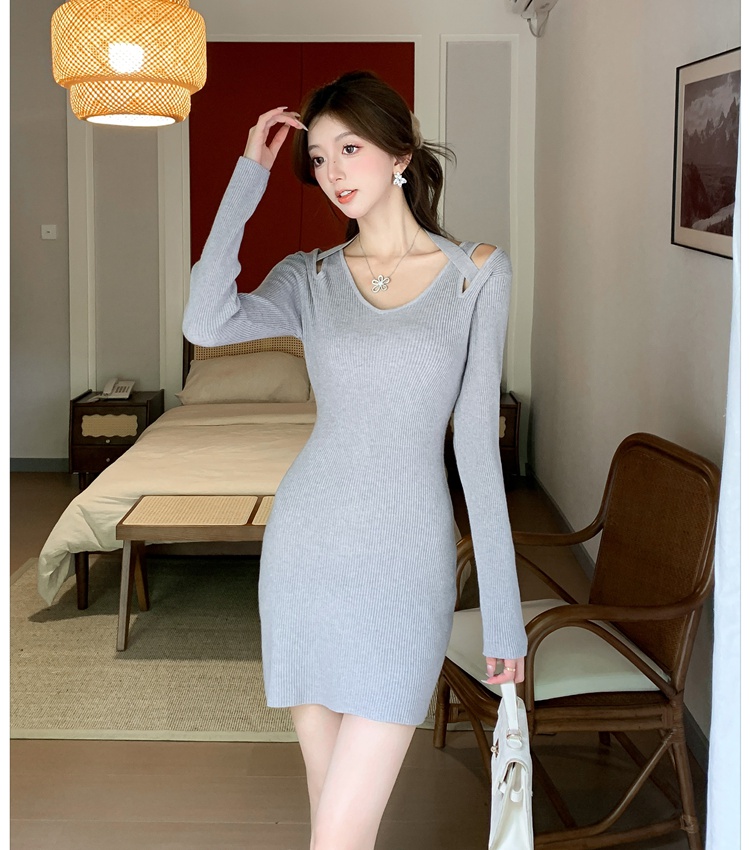 Strapless slim knitted long sleeve halter dress for women