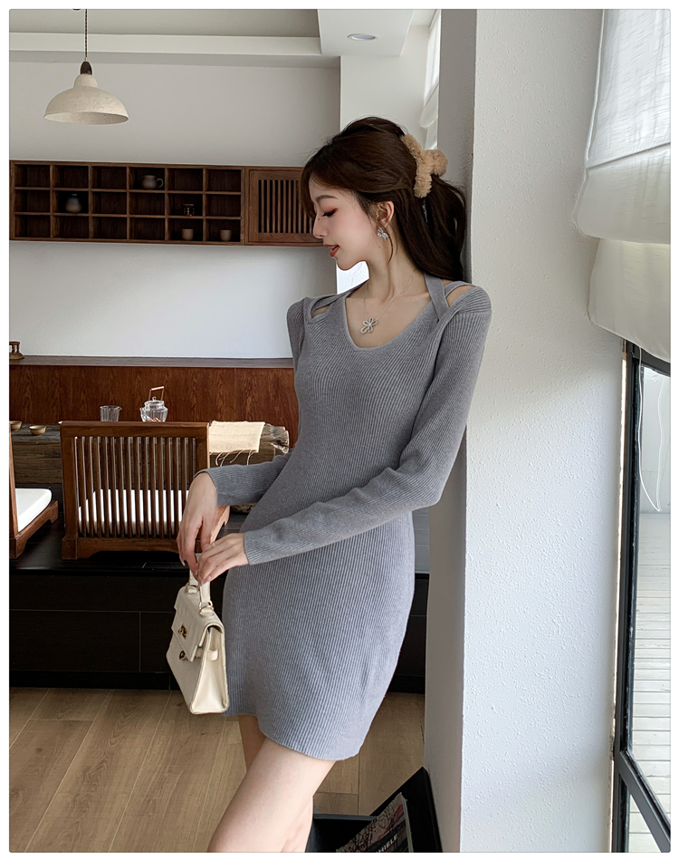 Strapless slim knitted long sleeve halter dress for women