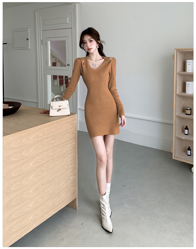 Strapless slim knitted long sleeve halter dress for women