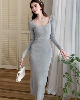 Pinched waist slim retro long dress bottoming knitted dress