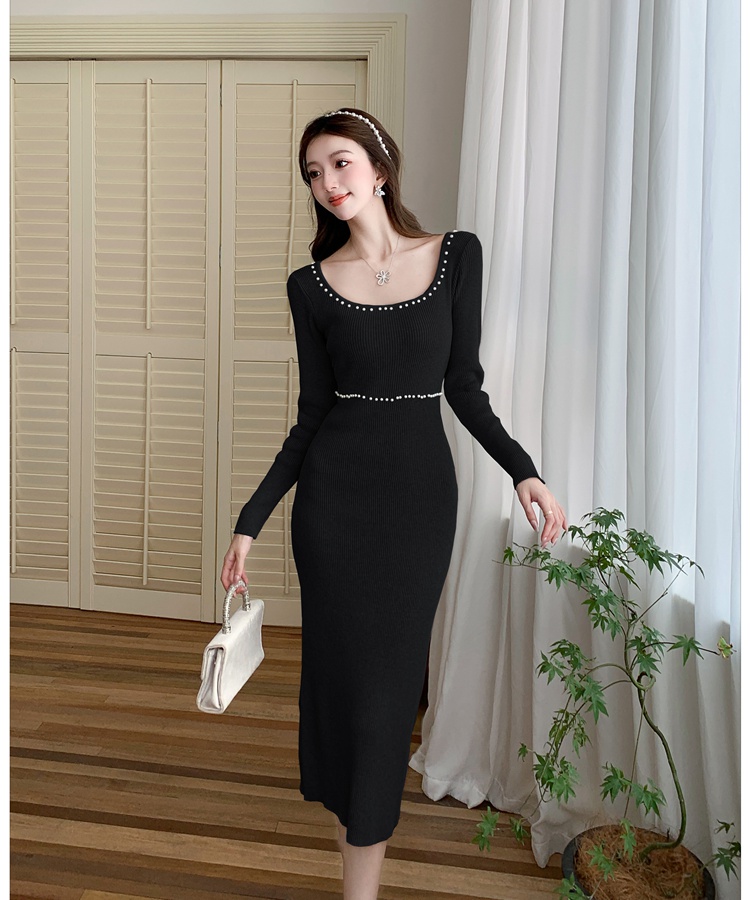 Pinched waist slim retro long dress bottoming knitted dress