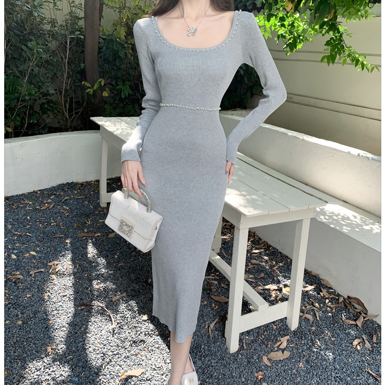 Pinched waist slim retro long dress bottoming knitted dress