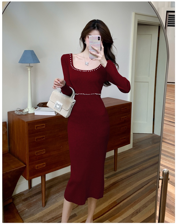 Pinched waist slim retro long dress bottoming knitted dress