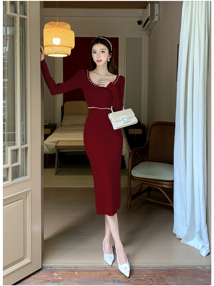 Pinched waist slim retro long dress bottoming knitted dress