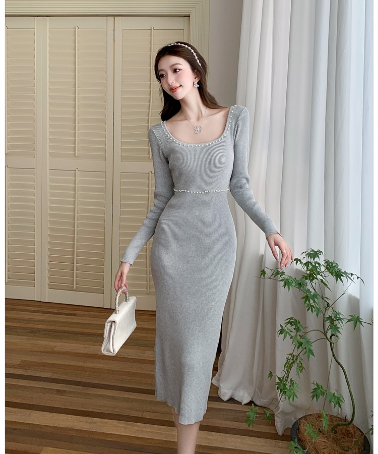 Pinched waist slim retro long dress bottoming knitted dress