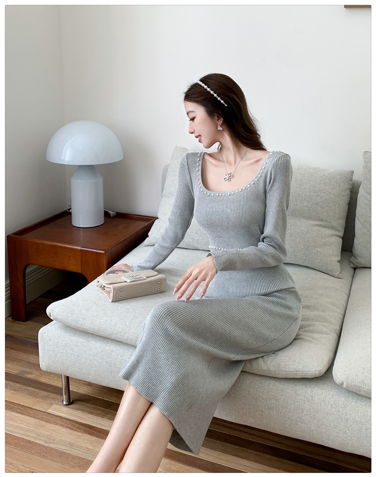 Pinched waist slim retro long dress bottoming knitted dress