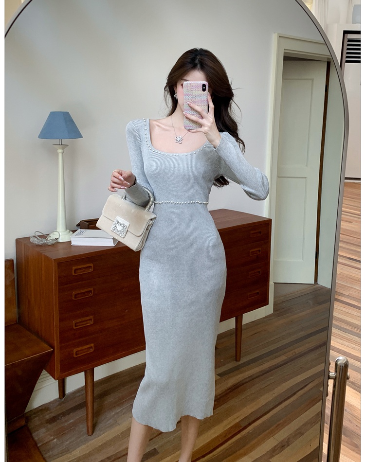 Pinched waist slim retro long dress bottoming knitted dress