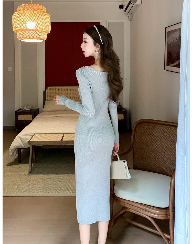 Pinched waist slim retro long dress bottoming knitted dress