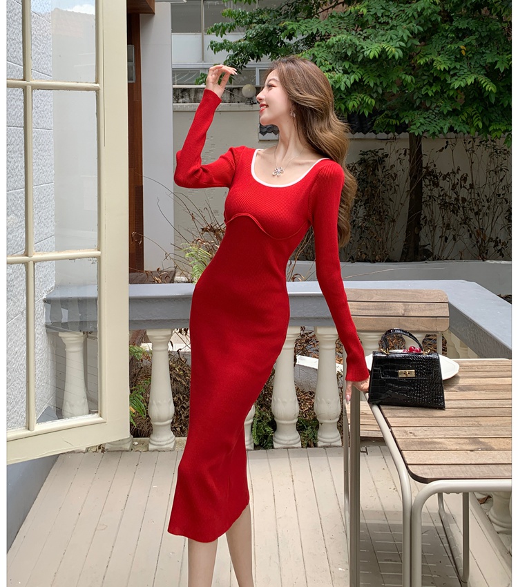 Knitted Hepburn style red slim retro square collar dress