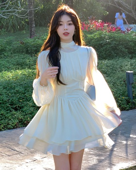 Lady short white chiffon pinched waist puff sleeve dress