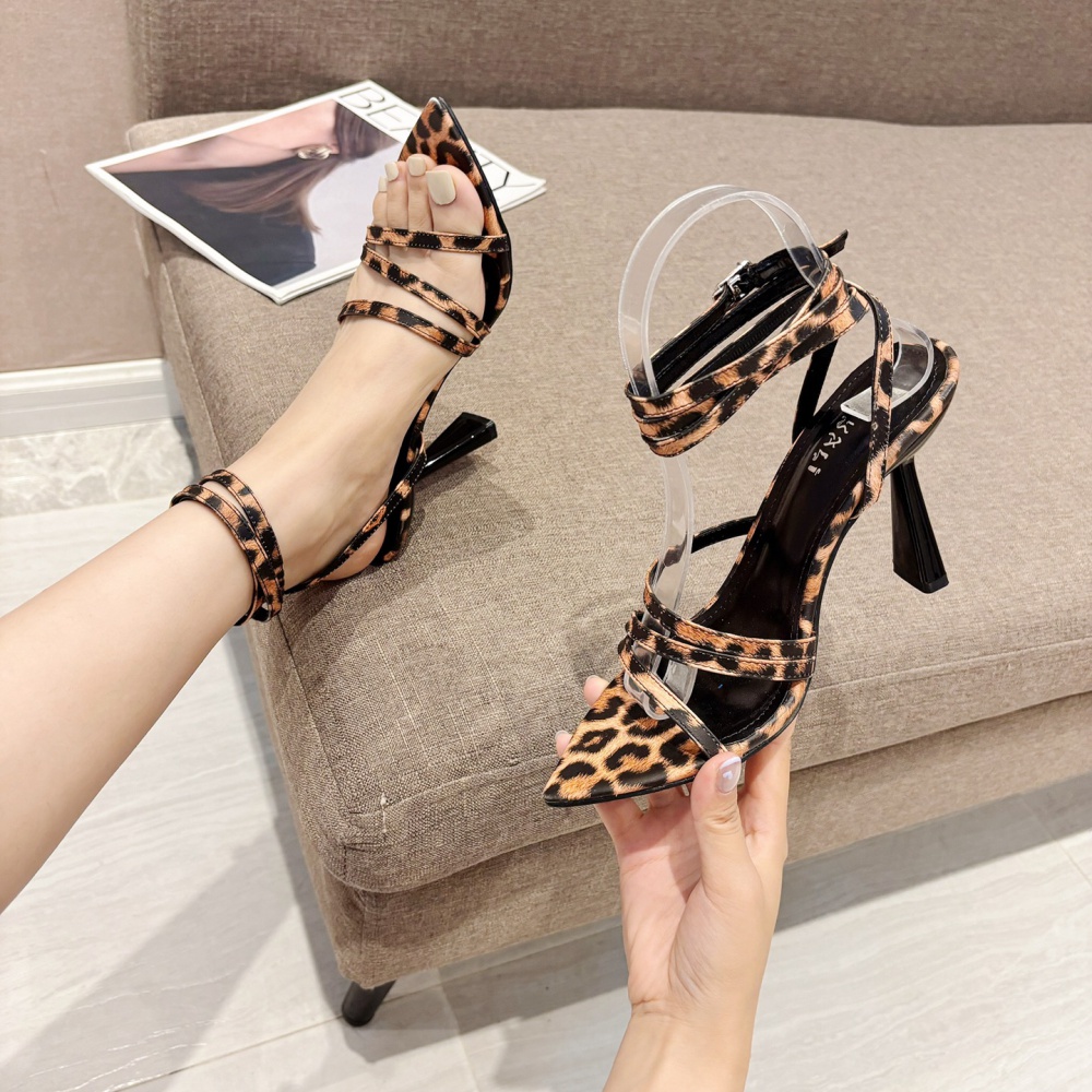 Summer leopard pointed shoes open toe high-heeled sandals