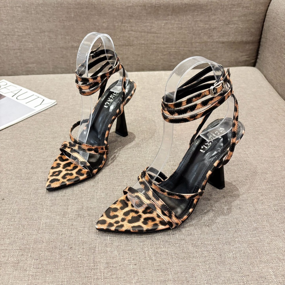 Summer leopard pointed shoes open toe high-heeled sandals