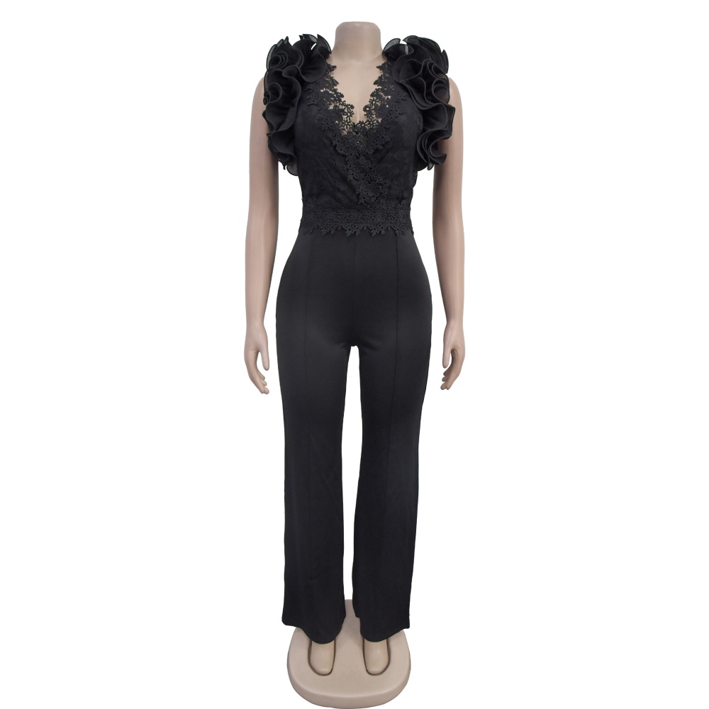 European style fashion jumpsuit V-neck embroidery pants a set