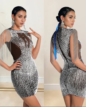 Sleeveless European style fashion rhinestone tassels dress