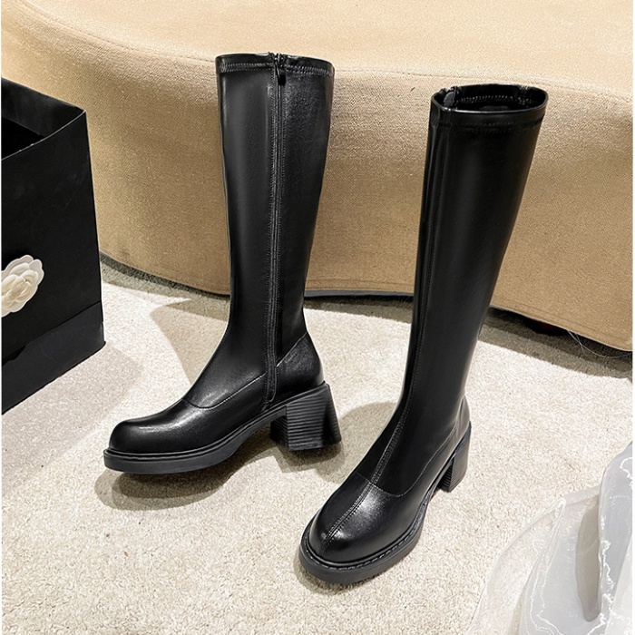 Elasticity thick crust long tube boots black thick thigh boots