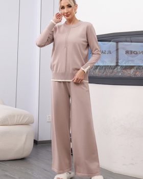 Simple European style sweater elasticity wide leg pants 2pcs set